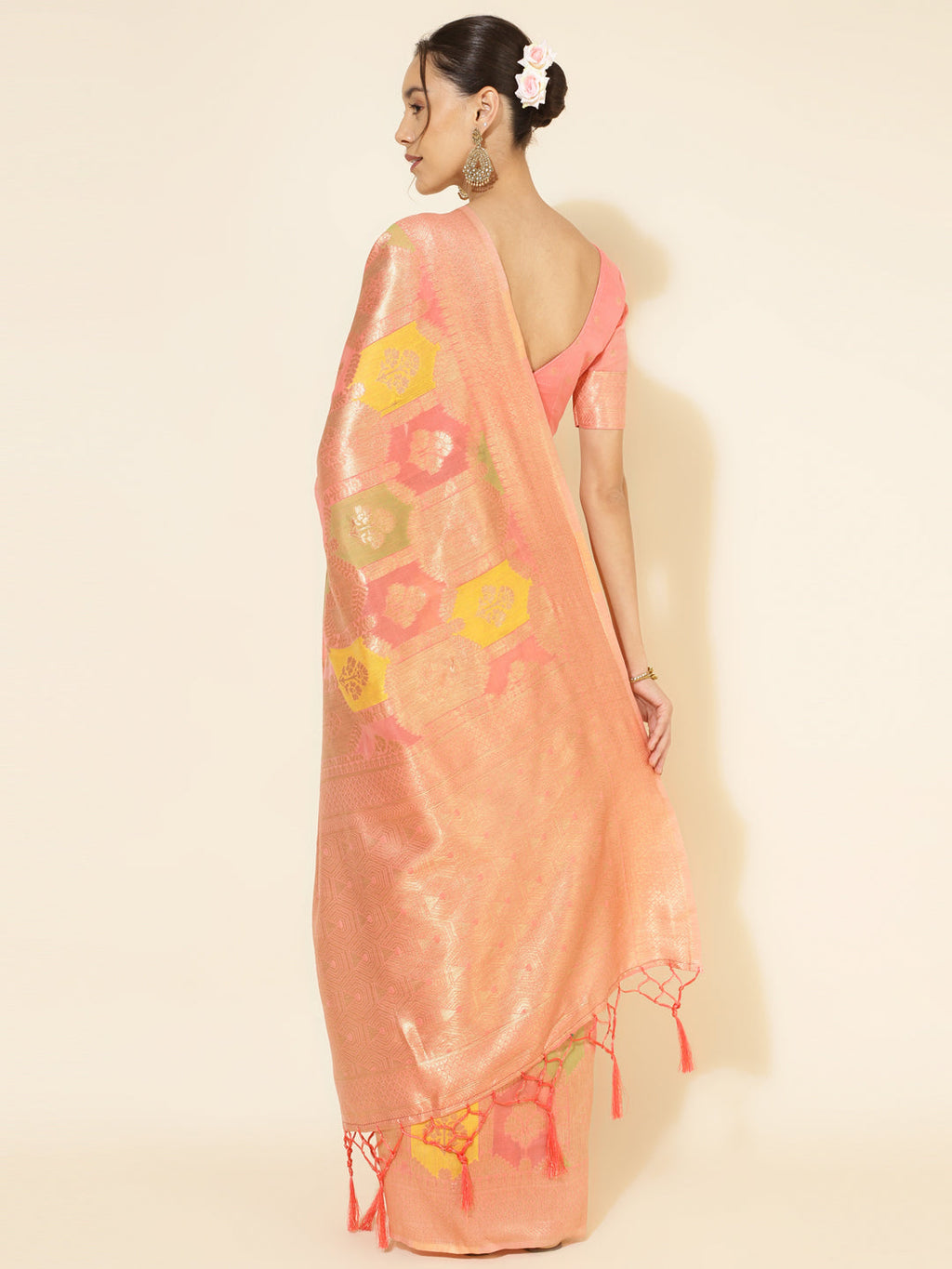 Janasya Peach Chanderi Silk Ethnic Motifs Woven Design Saree | Grocsy