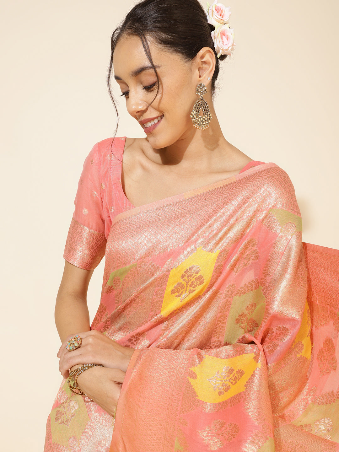 Janasya Peach Chanderi Silk Ethnic Motifs Woven Design Saree | Grocsy