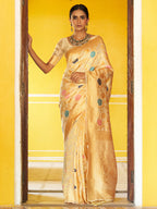 Janasya Cream Banarasi Silk Woven Floral Design Banarasi Saree | Grocsy