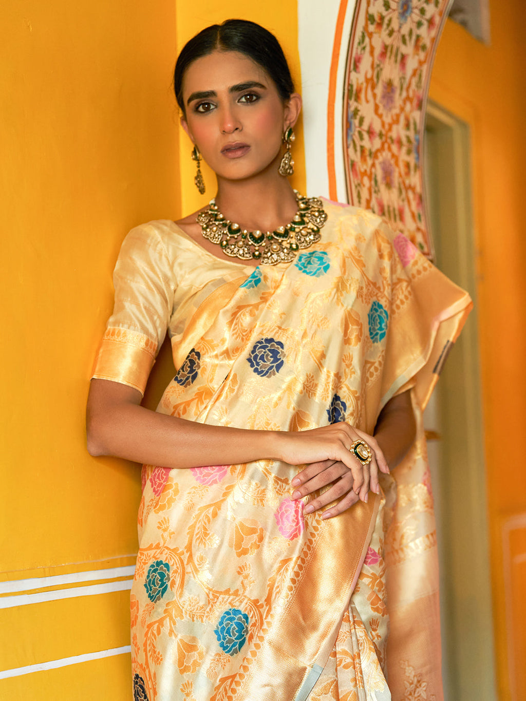 Janasya Cream Banarasi Silk Woven Floral Design Banarasi Saree | Grocsy