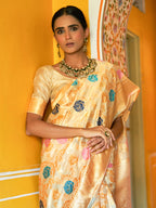 Janasya Cream Banarasi Silk Woven Floral Design Banarasi Saree | Grocsy