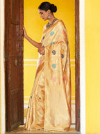 Janasya Cream Banarasi Silk Woven Floral Design Banarasi Saree | Grocsy