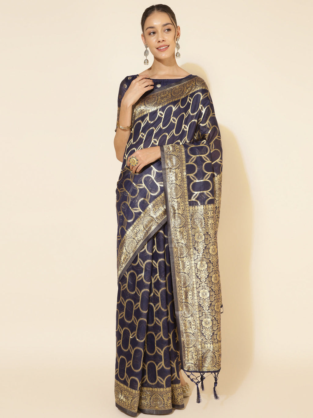 Janasya Navy Blue Chanderi Silk Woven Geometric Chanderi Silk Saree | Grocsy