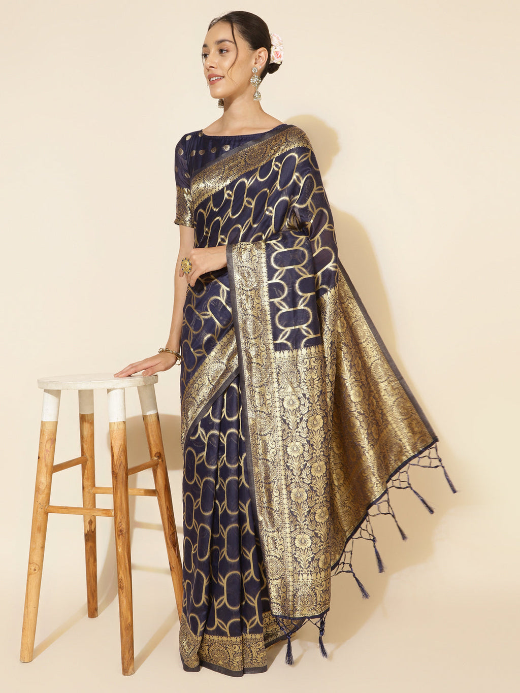 Janasya Navy Blue Chanderi Silk Woven Geometric Chanderi Silk Saree | Grocsy