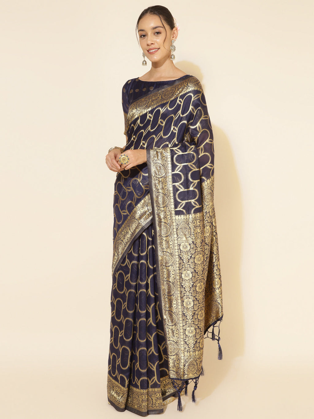 Janasya Navy Blue Chanderi Silk Woven Geometric Chanderi Silk Saree | Grocsy