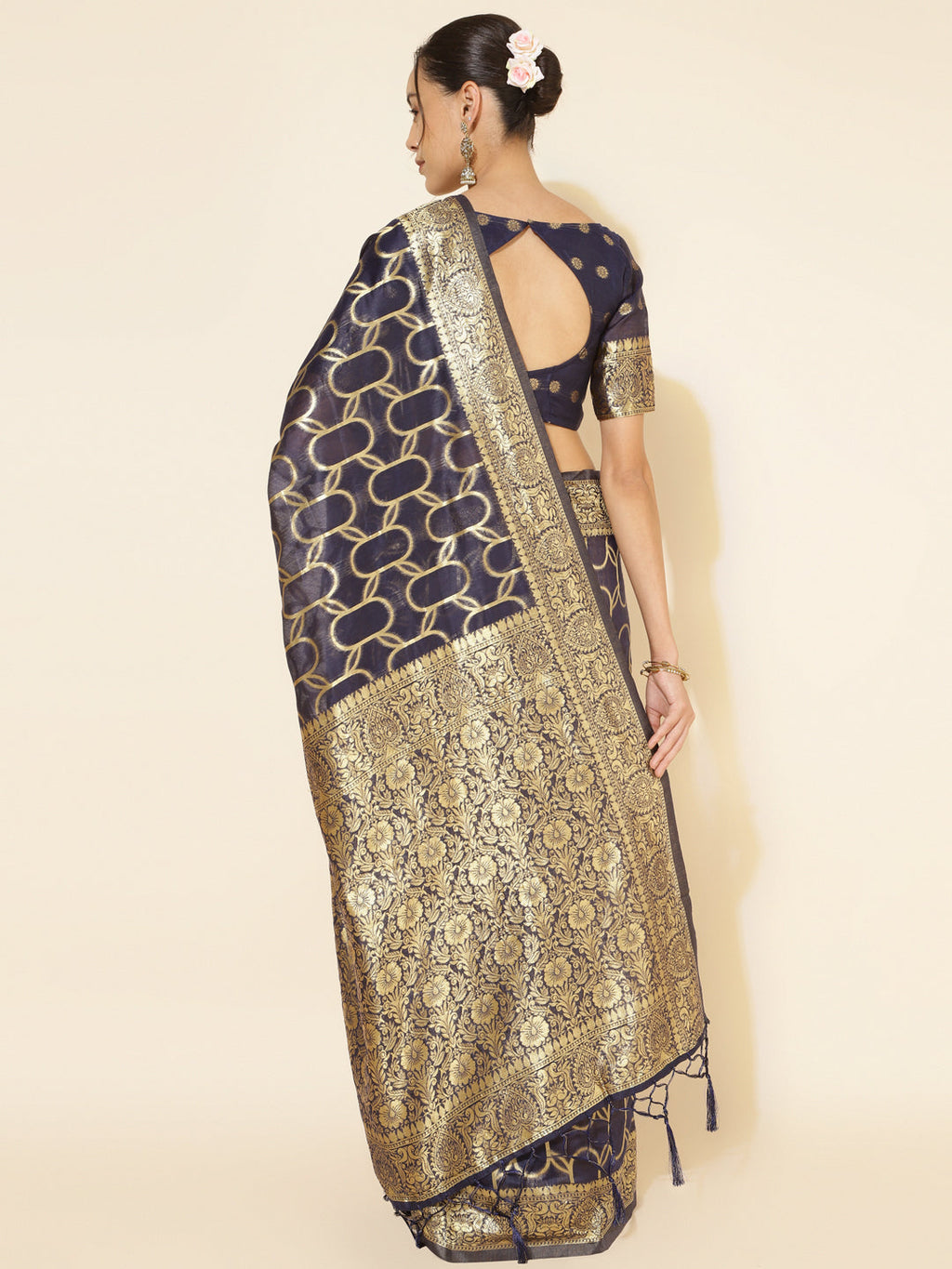 Janasya Navy Blue Chanderi Silk Woven Geometric Chanderi Silk Saree | Grocsy