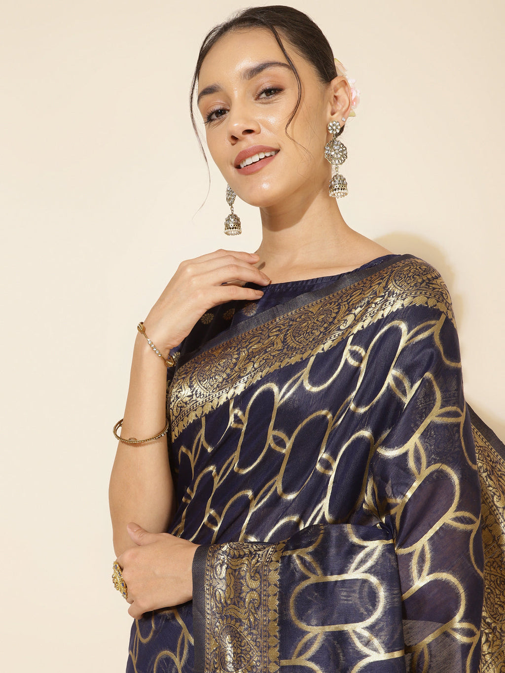Janasya Navy Blue Chanderi Silk Woven Geometric Chanderi Silk Saree | Grocsy