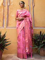 Janasya Light Pink Chanderi Silk Woven Jaal Motif Woven Design Saree | Grocsy