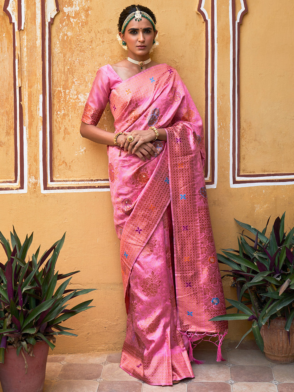 Janasya Light Pink Chanderi Silk Woven Jaal Motif Woven Design Saree | Grocsy