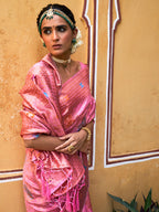 Janasya Light Pink Chanderi Silk Woven Jaal Motif Woven Design Saree | Grocsy