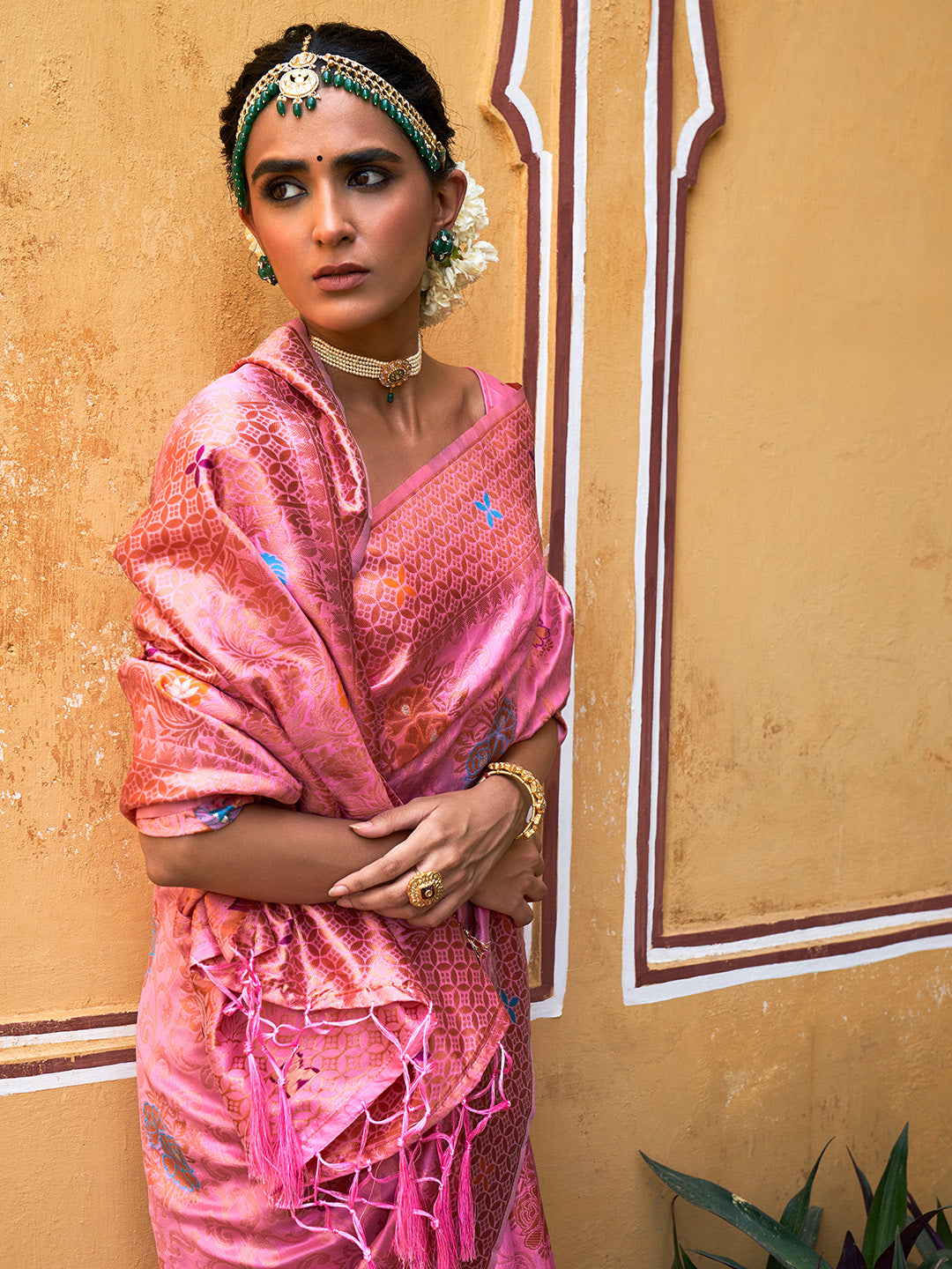 Janasya Light Pink Chanderi Silk Woven Jaal Motif Woven Design Saree | Grocsy