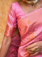 Janasya Light Pink Chanderi Silk Woven Jaal Motif Woven Design Saree | Grocsy