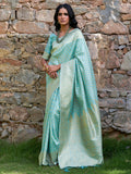 Janasya Sea Green Chanderi Silk Paisley Woven Design Saree | Grocsy