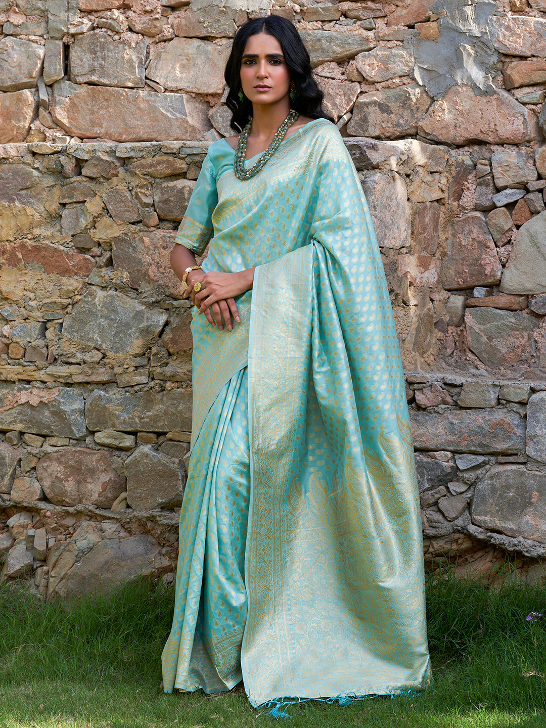 Janasya Sea Green Chanderi Silk Paisley Woven Design Saree | Grocsy