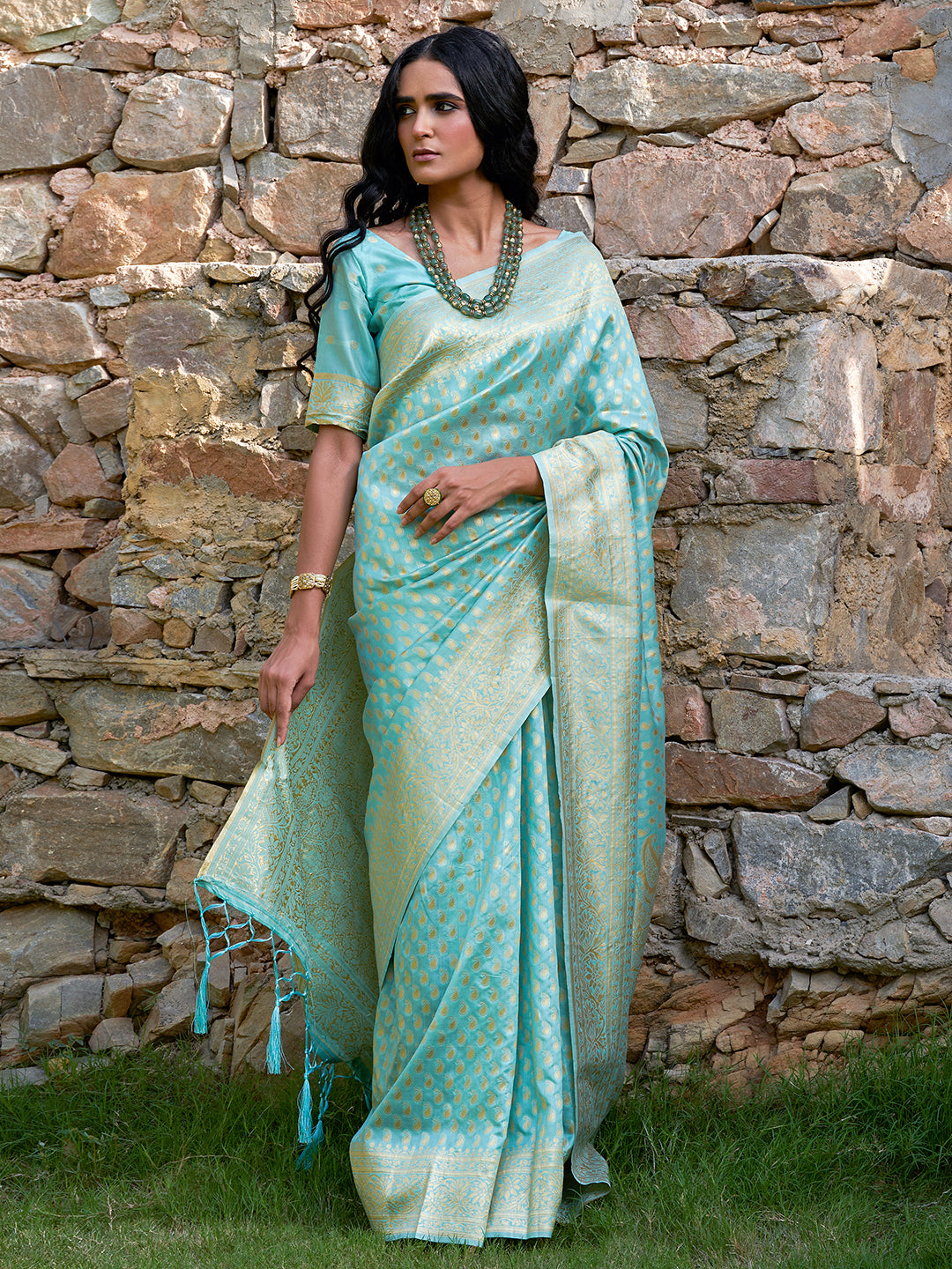 Janasya Sea Green Chanderi Silk Paisley Woven Design Saree | Grocsy