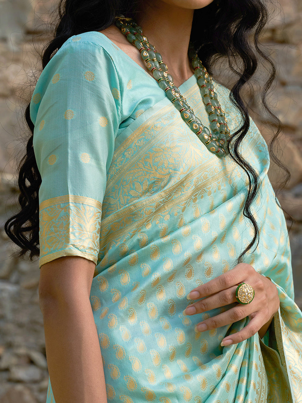 Janasya Sea Green Chanderi Silk Paisley Woven Design Saree | Grocsy