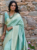 Janasya Sea Green Chanderi Silk Paisley Woven Design Saree | Grocsy