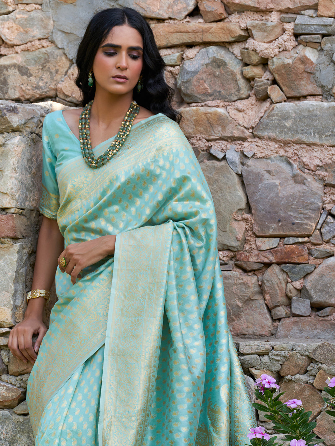 Janasya Sea Green Chanderi Silk Paisley Woven Design Saree | Grocsy
