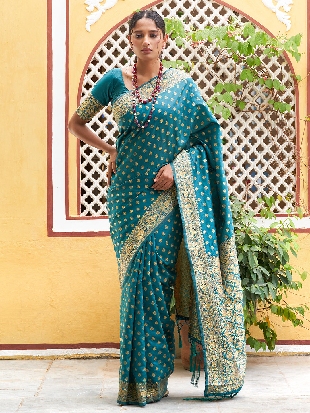 Janasya Teal Green Banarasi Silk Woven Ethnic Motifs Woven Design Saree | Grocsy