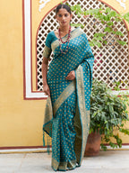 Janasya Teal Green Banarasi Silk Woven Ethnic Motifs Woven Design Saree | Grocsy