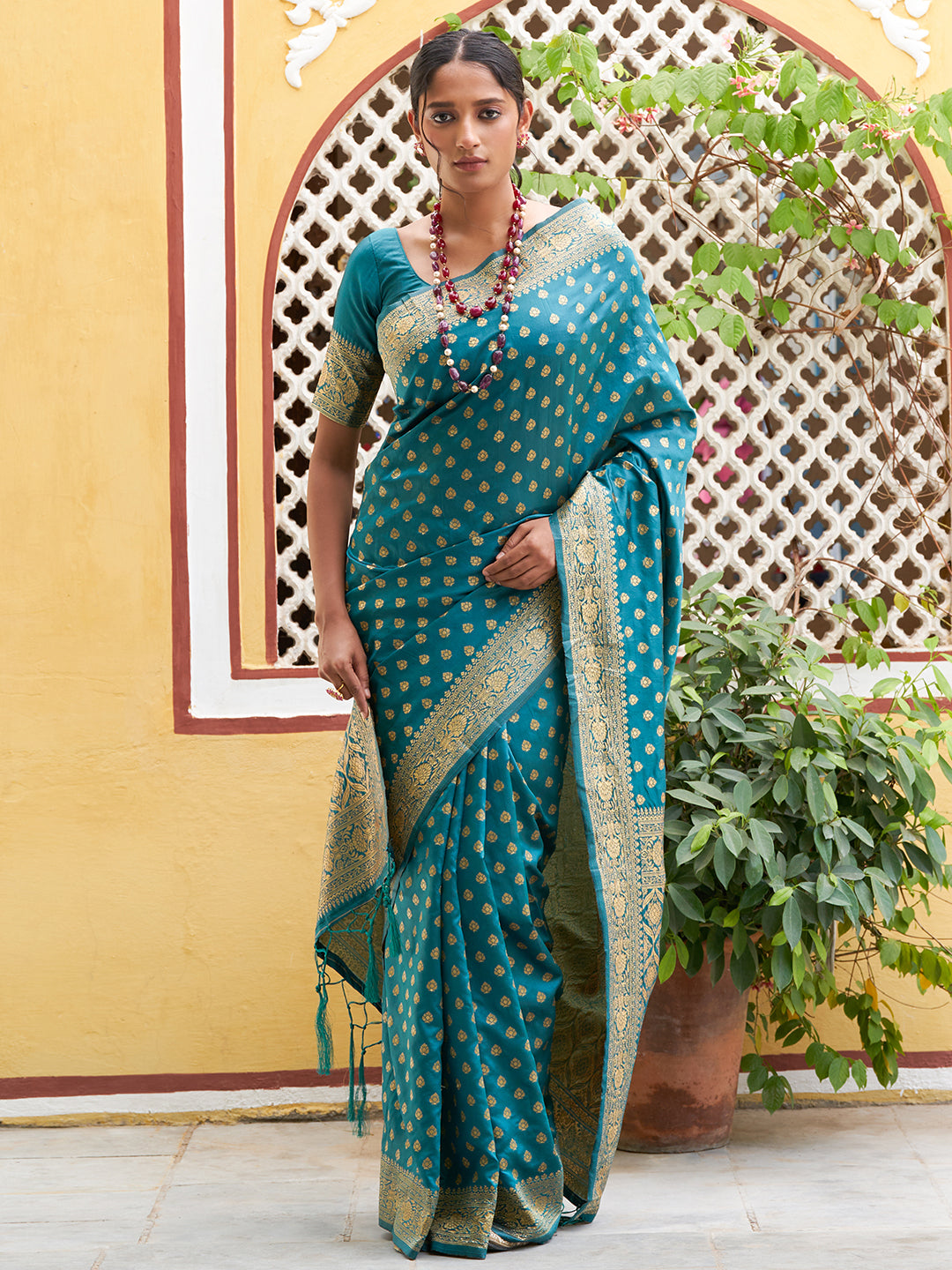 Janasya Teal Green Banarasi Silk Woven Ethnic Motifs Woven Design Saree | Grocsy