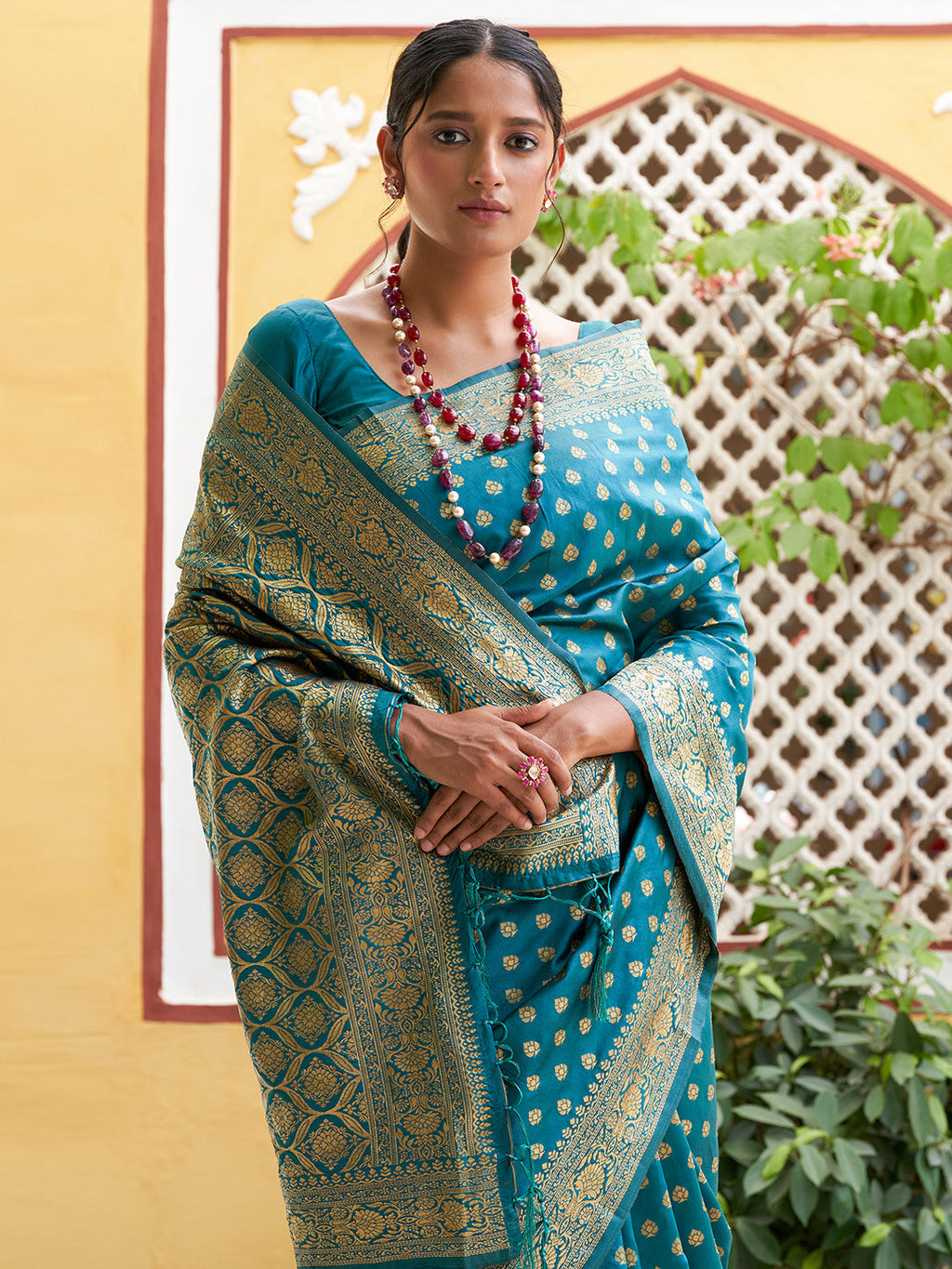 Janasya Teal Green Banarasi Silk Woven Ethnic Motifs Woven Design Saree | Grocsy