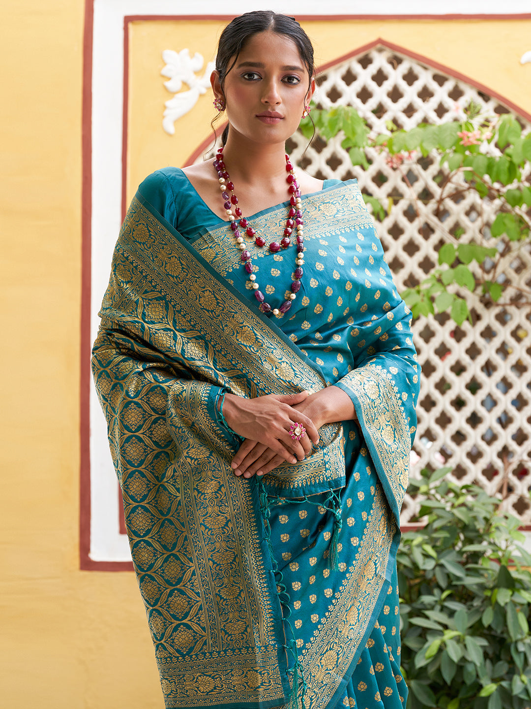 Janasya Teal Green Banarasi Silk Woven Ethnic Motifs Woven Design Saree | Grocsy