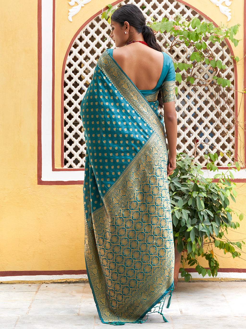 Janasya Teal Green Banarasi Silk Woven Ethnic Motifs Woven Design Saree | Grocsy