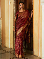 Janasya Maroon Banarasi Silk Woven Ethnic Motifs Woven Design Saree | Grocsy