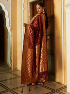 Janasya Maroon Banarasi Silk Woven Ethnic Motifs Woven Design Saree | Grocsy
