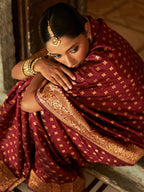 Janasya Maroon Banarasi Silk Woven Ethnic Motifs Woven Design Saree | Grocsy