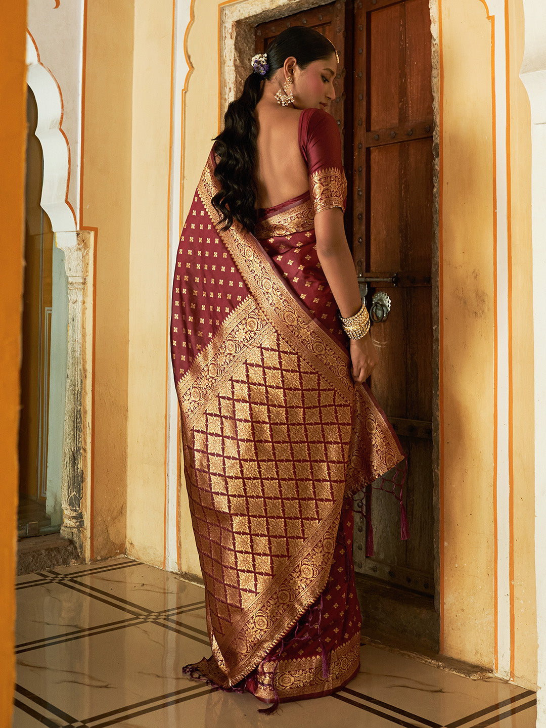 Janasya Maroon Banarasi Silk Woven Ethnic Motifs Woven Design Saree | Grocsy