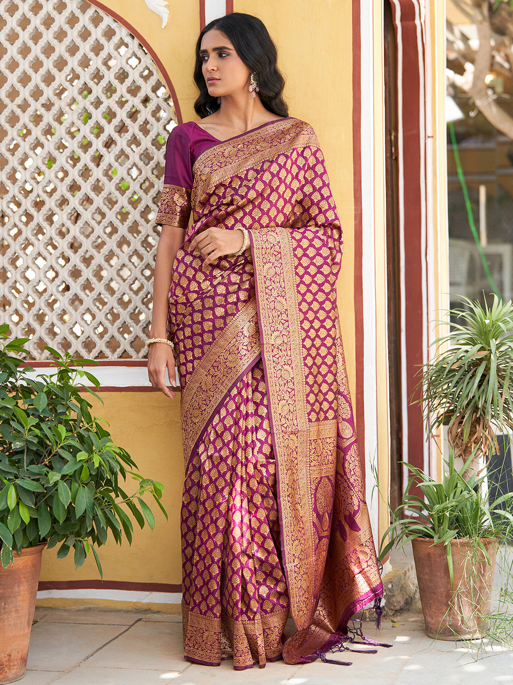 Janasya Wine Banarasi Silk Woven Ethnic Motifs Woven Design Saree | Grocsy