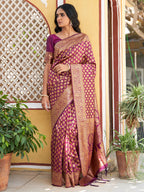 Janasya Wine Banarasi Silk Woven Ethnic Motifs Woven Design Saree | Grocsy