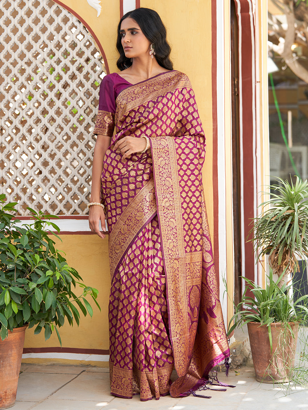 Janasya Wine Banarasi Silk Woven Ethnic Motifs Woven Design Saree | Grocsy