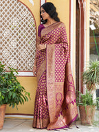 Janasya Wine Banarasi Silk Woven Ethnic Motifs Woven Design Saree | Grocsy