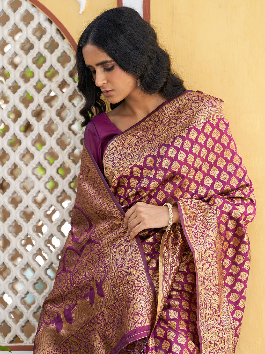 Janasya Wine Banarasi Silk Woven Ethnic Motifs Woven Design Saree | Grocsy