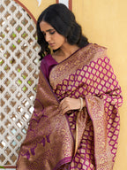 Janasya Wine Banarasi Silk Woven Ethnic Motifs Woven Design Saree | Grocsy