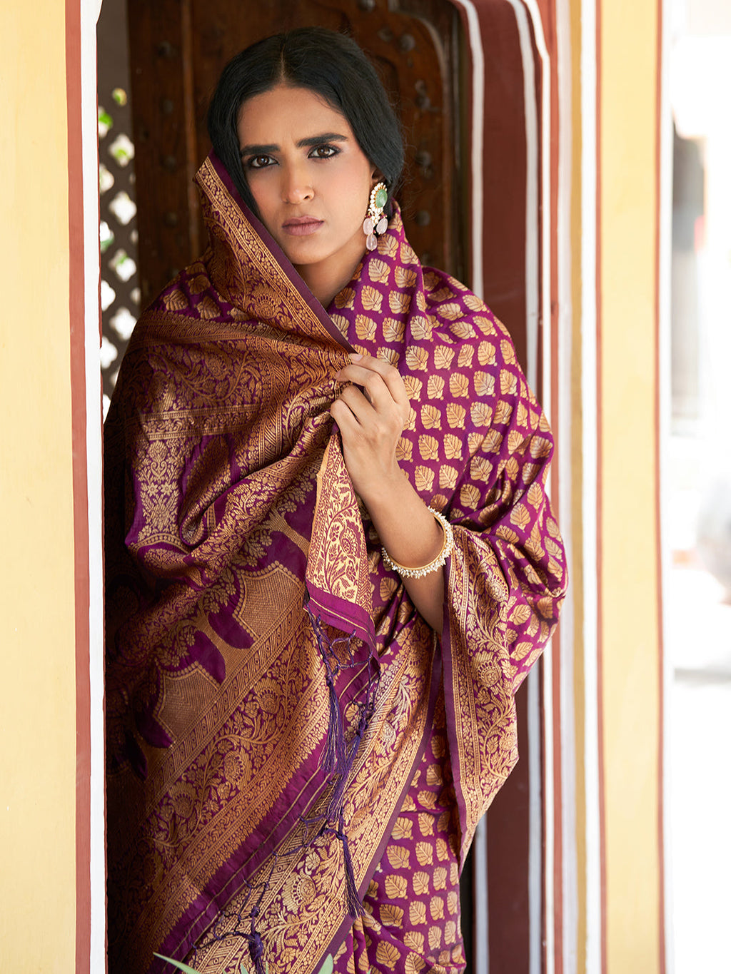 Janasya Wine Banarasi Silk Woven Ethnic Motifs Woven Design Saree | Grocsy