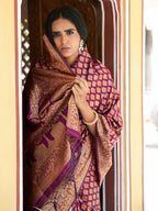 Janasya Wine Banarasi Silk Woven Ethnic Motifs Woven Design Saree | Grocsy