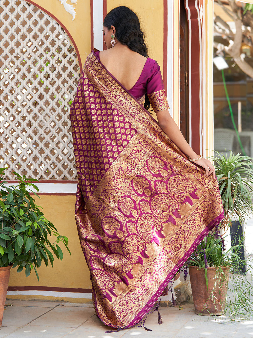 Janasya Wine Banarasi Silk Woven Ethnic Motifs Woven Design Saree | Grocsy