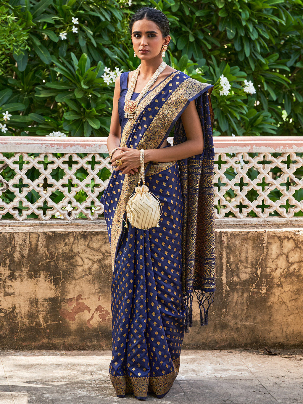 Janasya Navy Blue Banarasi Silk Ethnic Motifs Woven Design Saree | Grocsy