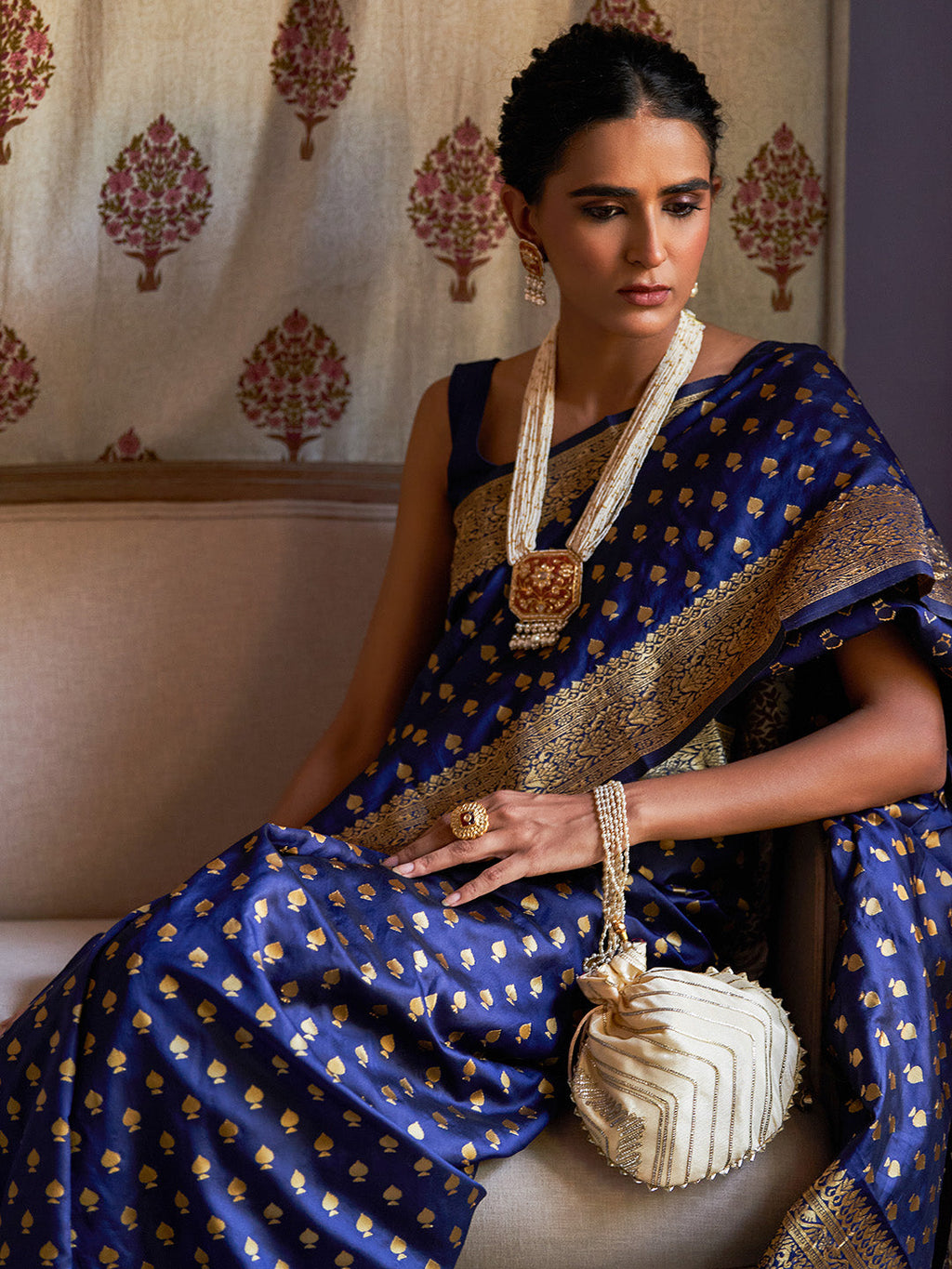 Janasya Navy Blue Banarasi Silk Ethnic Motifs Woven Design Saree | Grocsy