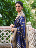 Janasya Navy Blue Banarasi Silk Ethnic Motifs Woven Design Saree | Grocsy