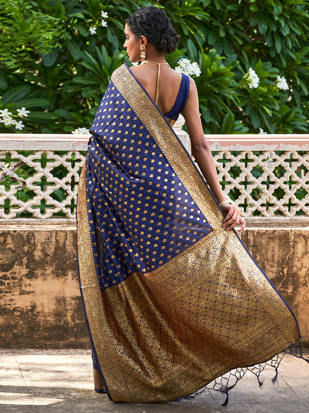 Janasya Navy Blue Banarasi Silk Ethnic Motifs Woven Design Saree | Grocsy