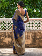 Janasya Navy Blue Banarasi Silk Ethnic Motifs Woven Design Saree | Grocsy