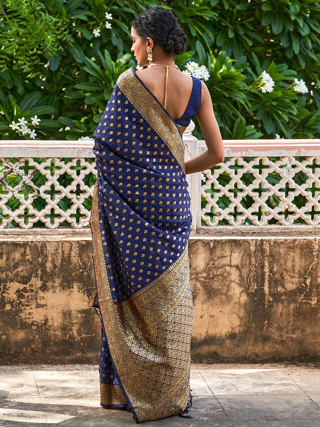 Janasya Navy Blue Banarasi Silk Ethnic Motifs Woven Design Saree | Grocsy