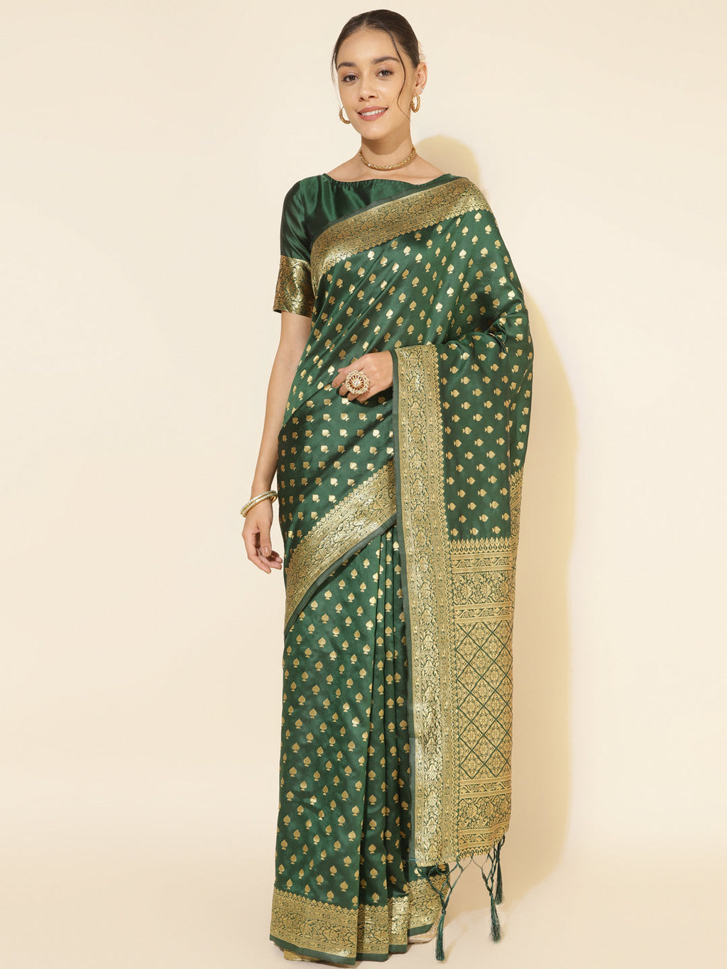 Janasya Green Banarasi Silk Ethnic Motifs Woven Design Saree | Grocsy