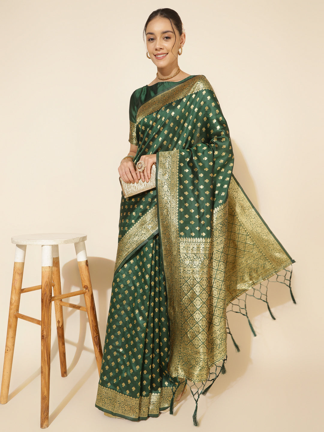 Janasya Green Banarasi Silk Ethnic Motifs Woven Design Saree | Grocsy