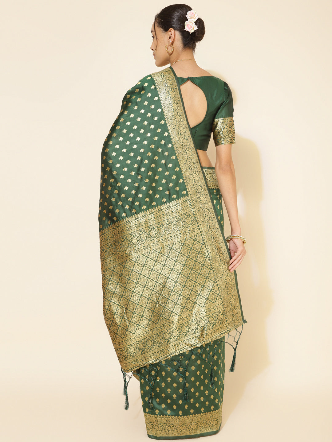 Janasya Green Banarasi Silk Ethnic Motifs Woven Design Saree | Grocsy